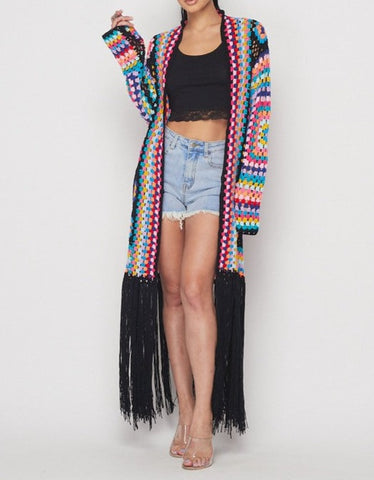 Black Multi-Color Crochet Cardigan